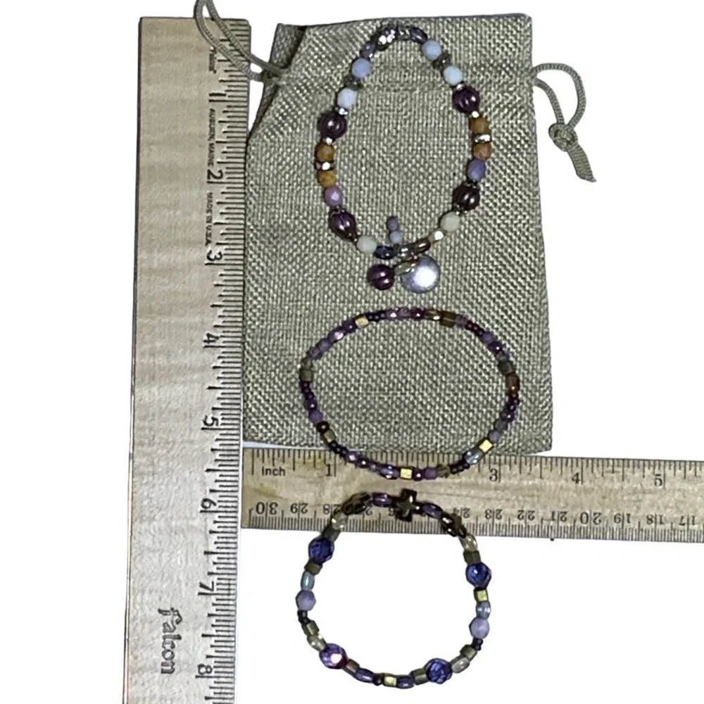 Regal 3 Cross Bracelet Purple Amethyst February Birthstone Religious Beaded